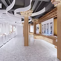 Modern Exhibition Hall Interior Design With Wooden Structures Display Counters And Artwork Showcases