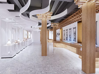 Modern Exhibition Hall Interior Design With Wooden Structures Display Counters And Artwork Showcases 3d model