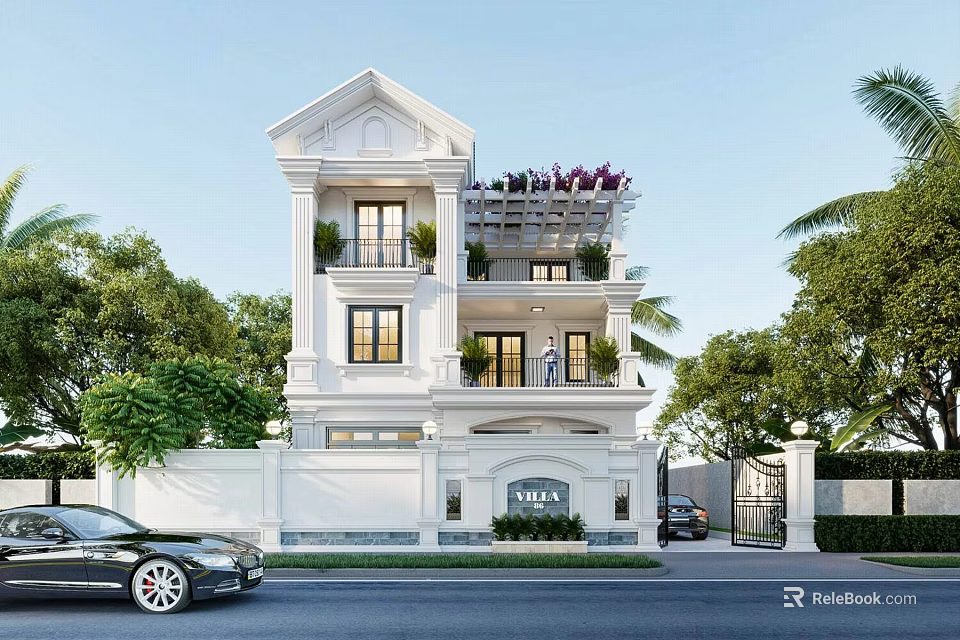 Modern Three Story White Detached Villa With Balconies And Walled Gate Surrounded By Green Trees 3d model 
