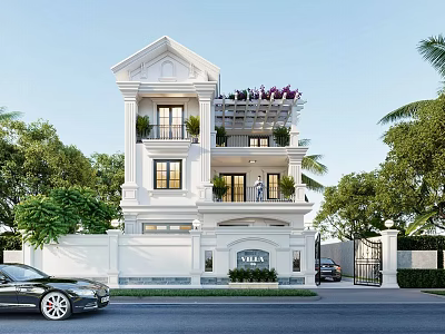 Modern Three Story White Detached Villa With Balconies And Walled Gate Surrounded By Green Trees 3d model