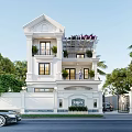 Modern Three Story White Detached Villa With Balconies And Walled Gate Surrounded By Green Trees
