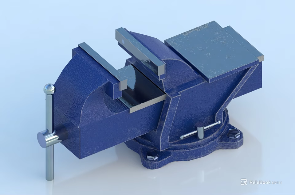 Blue Metal Bench Vise With Fixed Base And Clamping Jaws 3d model 