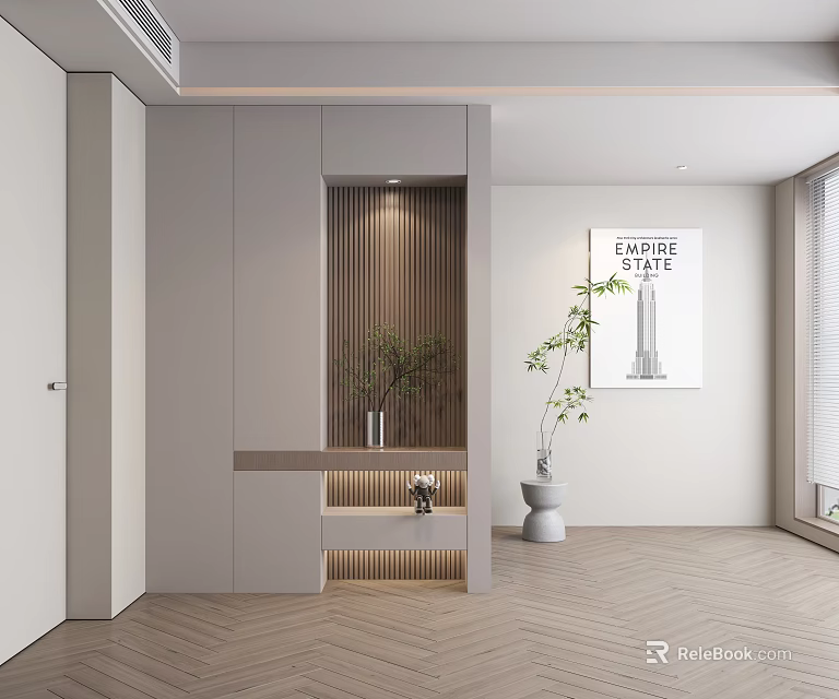 Modern Entryway Hallway With Light Gray Cabinets Wooden Slat Decor Wall Art And Herringbone Flooring 3d model 