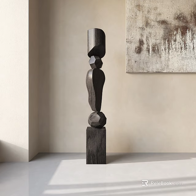 Abstract Wooden Sculpture With Stacked Abstract Shapes In Contemporary Interior Display Space 3d model 