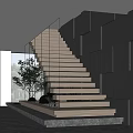 Modern Staircase With Glass Railing Gray Geometric Wall And Stone Floor