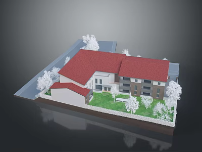 Scenic View Of Red Roof Buildings Surrounded By Green Lawn And White Trees 3d model
