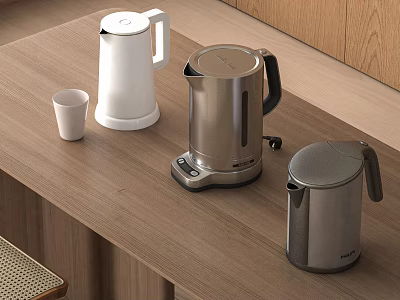 Modern White And Silver Electric Kettles With Small White Cup On Wooden Countertop 3d model