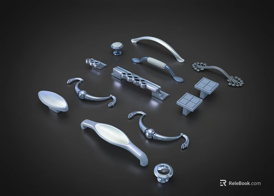 Various Silver Door Handles With Different Shapes And Decorative Designs On Dark Background 3d model 