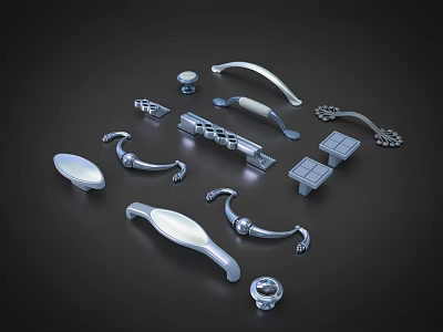 Various Silver Door Handles With Different Shapes And Decorative Designs On Dark Background 3d model
