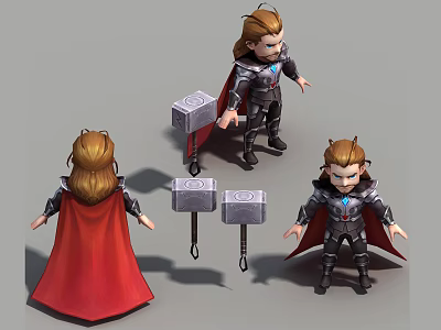 Cartoon Style Thor Character 3D Model With Red Cape Armor And Multiple Views 3d model
