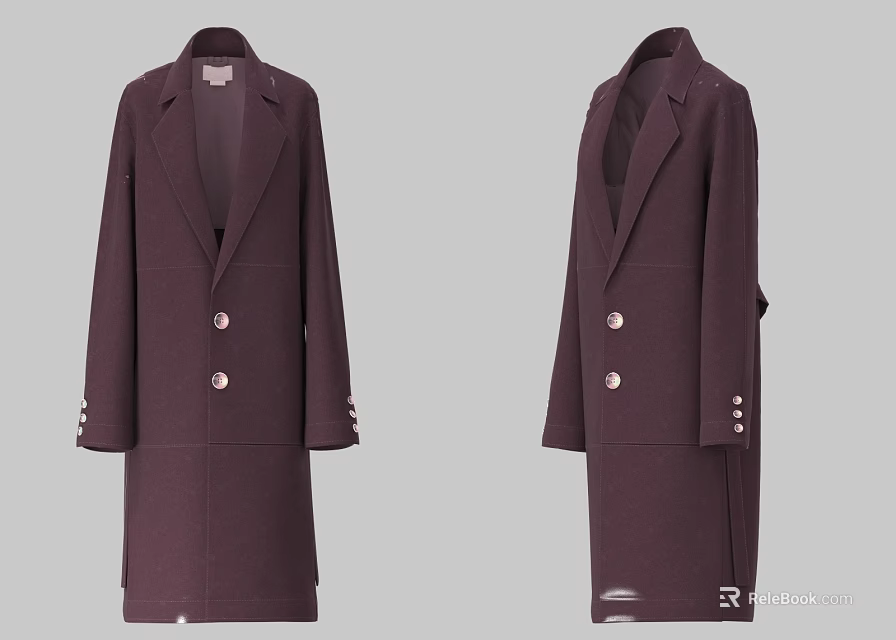 Long Burgundy Double Breasted Coat With Button Cuff And Lapel Design 3d model