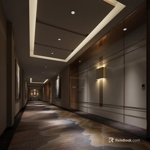 Modern Elevator Hallway Interior Design With Wall Lighting And Patterned Carpet 3d model