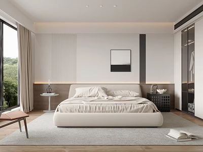 Modern Bedroom Interior Design With Bed Nightstand Window Curtains And Area Rug 3d model