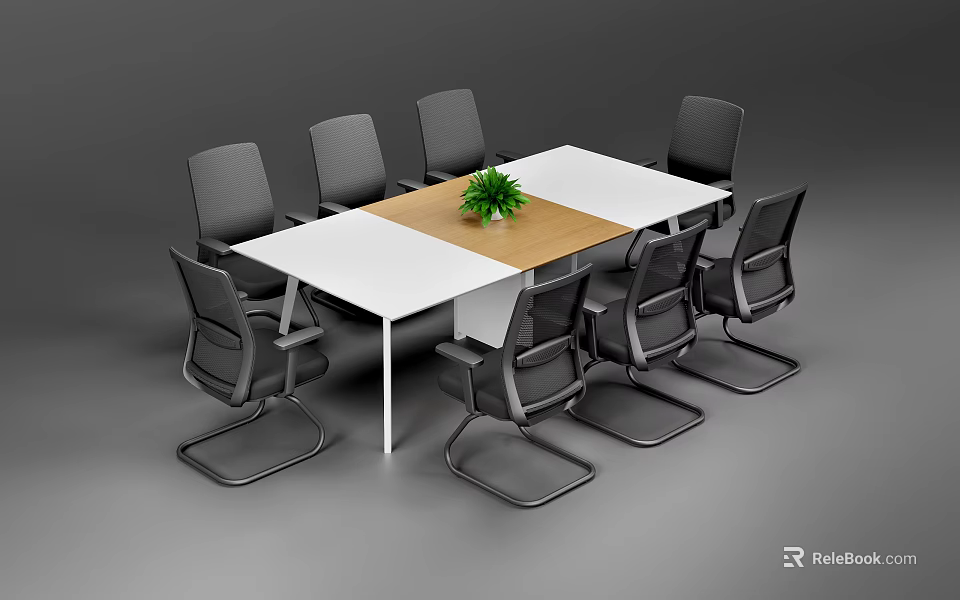 Modern Conference Table With White And Wooden Top Black Office Chairs And Green Plant 3d model 
