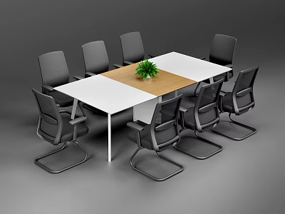 Modern Conference Table With White And Wooden Top Black Office Chairs And Green Plant 3d model