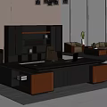 Modern Office Desk With Wooden Leather Design And Storage Near Bookcase Large Windows Natural View