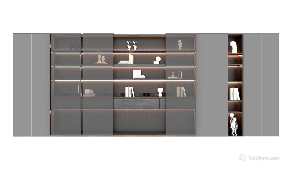 Modern Bookcase With Multiple Shelves Built in Lighting Books And Decorative Items 3d model 