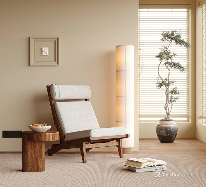 Leisure Chair Interior Design With Wooden Frame Light Cushion Side Table Floor Lamp Green Plant 3d model 