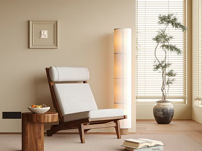 Leisure Chair Interior Design With Wooden Frame Light Cushion Side Table Floor Lamp Green Plant 3d model