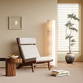 Leisure Chair Interior Design With Wooden Frame Light Cushion Side Table Floor Lamp Green Plant