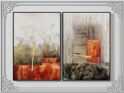 Abstract Art Paintings With Chinese Frame Red Yellow Gray Tones Step Design And Red Object 3d model