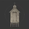 Wooden House Elevated On Stilts With Black Tiled Roof Bell Tower Cross Door And Window