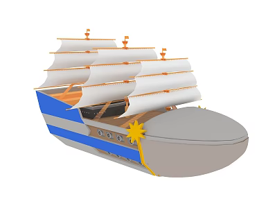 Blue and Gray Sailing Ship with White Sails and Yellow Star Decoration 3d model