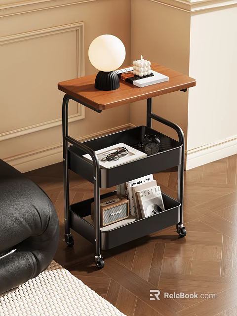 Rolling Storage Shelf With Wooden Top Black Compartments On Wheels For Indoor Organization 3d model 