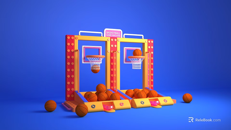 Art Installation Featuring Double Basketball Hoop Red Yellow Design With Scattered Basketballs And Blue Background 3d model 
