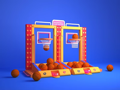 Art Installation Featuring Double Basketball Hoop Red Yellow Design With Scattered Basketballs And Blue Background 3d model
