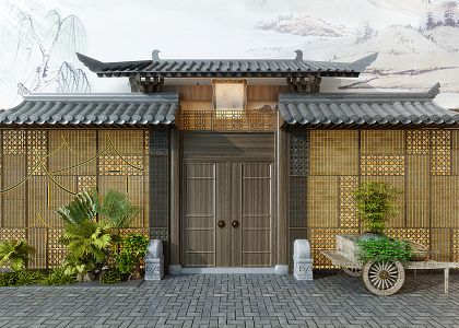 Chinese Style Door Head Facade Green Plant 3d model