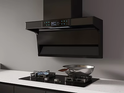Modern Black Range Hood And Gas Stove On White Kitchen Countertop 3d model