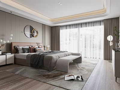 Modern Bedroom Interior Design With Bed Nightstands Round Mirrors And Wooden Floors 3d model