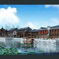 Scenic Traditional Ancient Architecture Complex With Waterfront River Stone Bridge And Lotus Ponds
