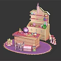Cartoon Style Magical Scene With Pink Orange Cottage Cabinets Cauldron Candles And Table