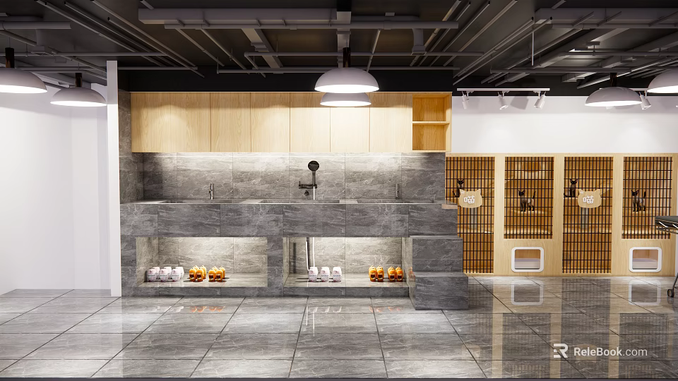 Modern Mall Store Interior With Wooden Shelves Stone Counter And Product Displays 3d model 