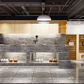 Modern Mall Store Interior With Wooden Shelves Stone Counter And Product Displays