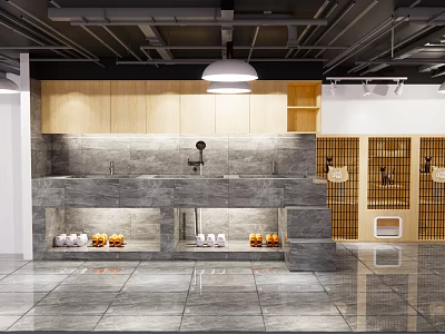 Modern Mall Store Interior With Wooden Shelves Stone Counter And Product Displays 3d model