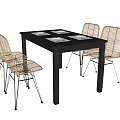 Black Square Dining Table Set With Four Rattan Chairs And Metal Legs
