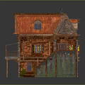Charming Log Cabin With Red Roof Stained Glass Windows Balcony Staircase And Vines On Walls