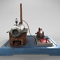 Vintage Electronic Device Model with Boiler Chimney and Red Wheel on Blue Base