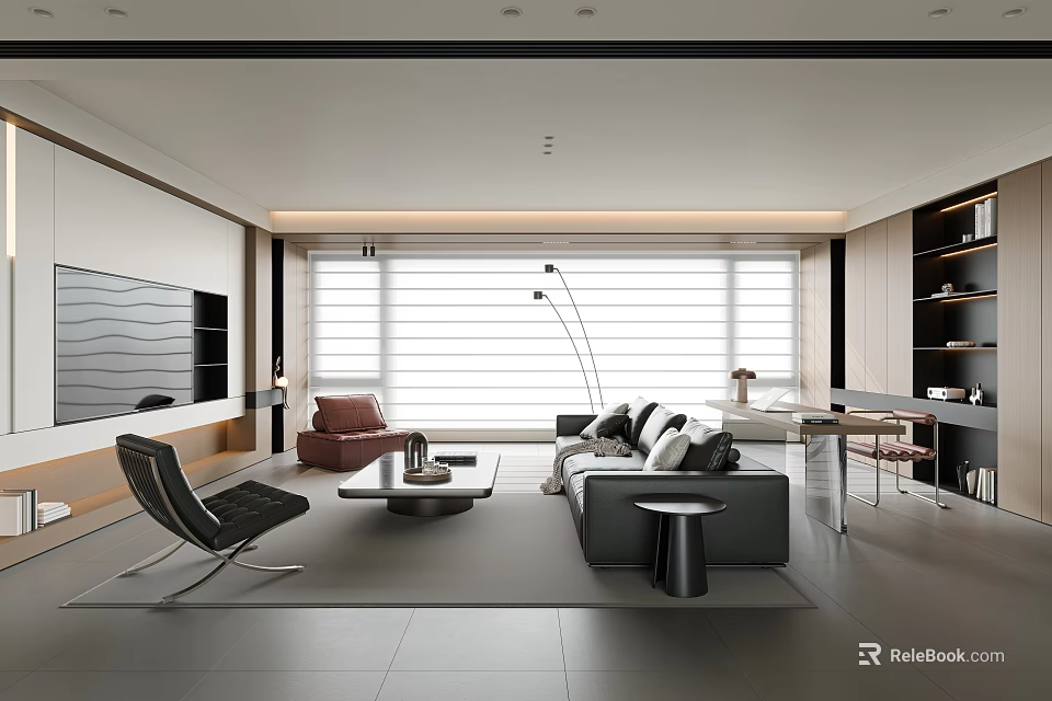 Modern Living Room Interior Design With Comfortable Sofa Coffee Table And Floor to Ceiling Windows 3d model 