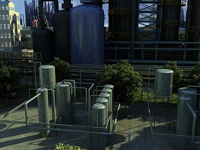 Industrial Plant Exterior With Large Blue Storage Tanks Metal Pipelines And Surrounding Trees 3d model