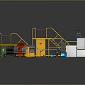 Work Area Setup With Yellow Metal Frames Red Lockers Green Trash Bin And Office Supplies