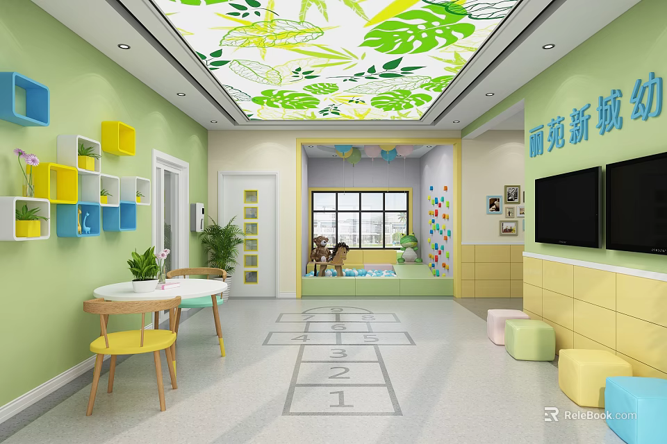 Bright Kindergarten Interior Design With Green Walls Leaf Patterned Ceiling Colorful Decorations And Numbered Floor 3d model 