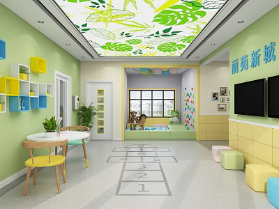 Bright Kindergarten Interior Design With Green Walls Leaf Patterned Ceiling Colorful Decorations And Numbered Floor 3d model