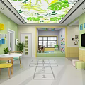 Bright Kindergarten Interior Design With Green Walls Leaf Patterned Ceiling Colorful Decorations And Numbered Floor