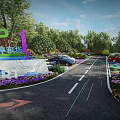 Eco Parking Lot With Colorful Sports Themed Ground Patterns Green Plants Flowers And Parked Cars