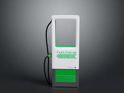 Modern EV Fast Charger With White Body Green Display And Charging Cable 3d model