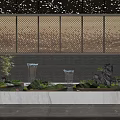 Garden Plant Combination With Water Feature Rockery Fountains Lattice Wall And Red Wall Background